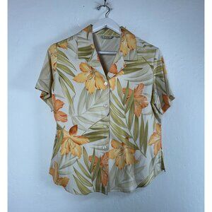 Tommy Bahama Women Tropical Floral Button-Up Shirt Large Silk Blend Short Sleeve